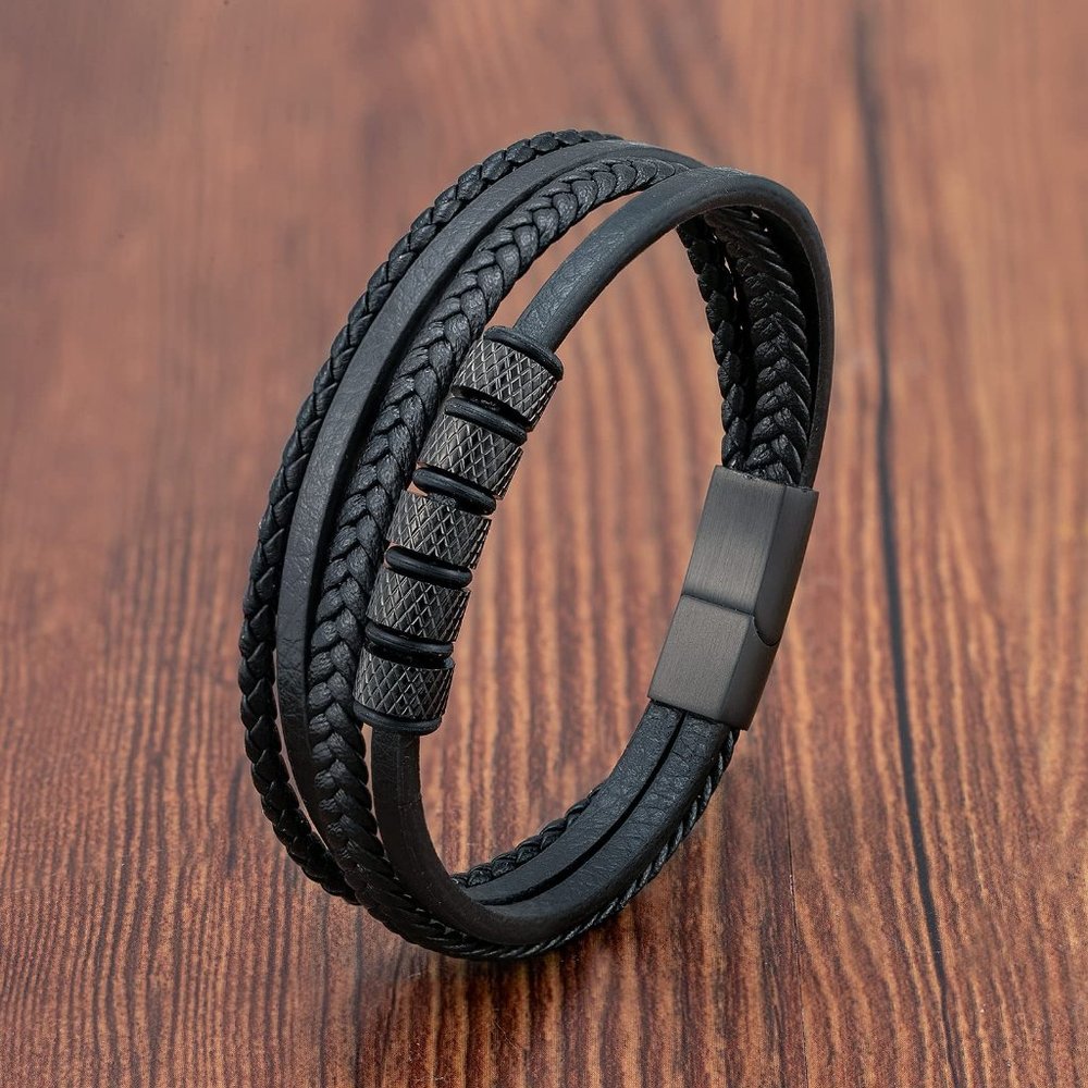 Men's Leather Braided Bracelet 4 Strands Leather Titanium Steel Clasp
